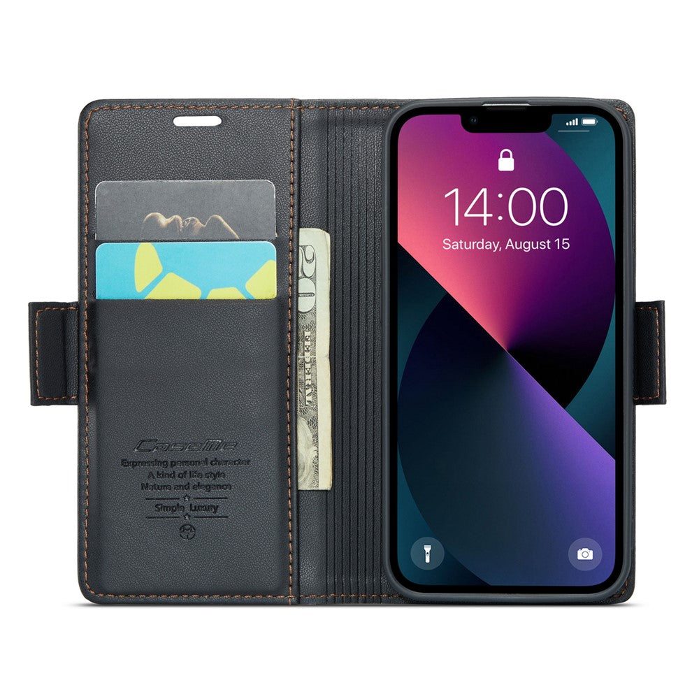 CASEME 023 Series til iPhone 13 mini 5.4 tommer RFID-blokerende lædercover Litchi tekstur Flip Stand Pung Telefoncover