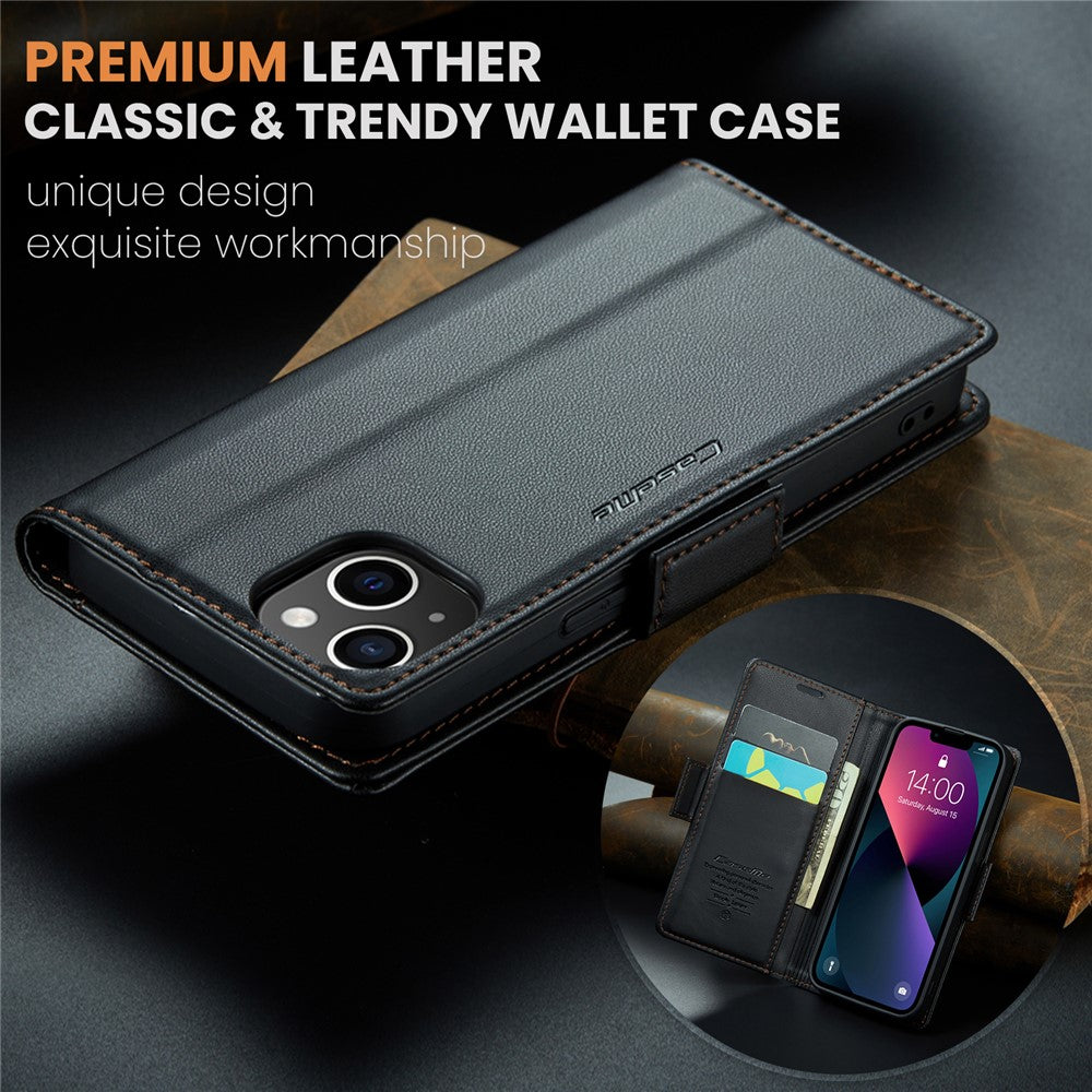 CASEME 023 Series til iPhone 13 mini 5.4 tommer RFID-blokerende lædercover Litchi tekstur Flip Stand Pung Telefoncover