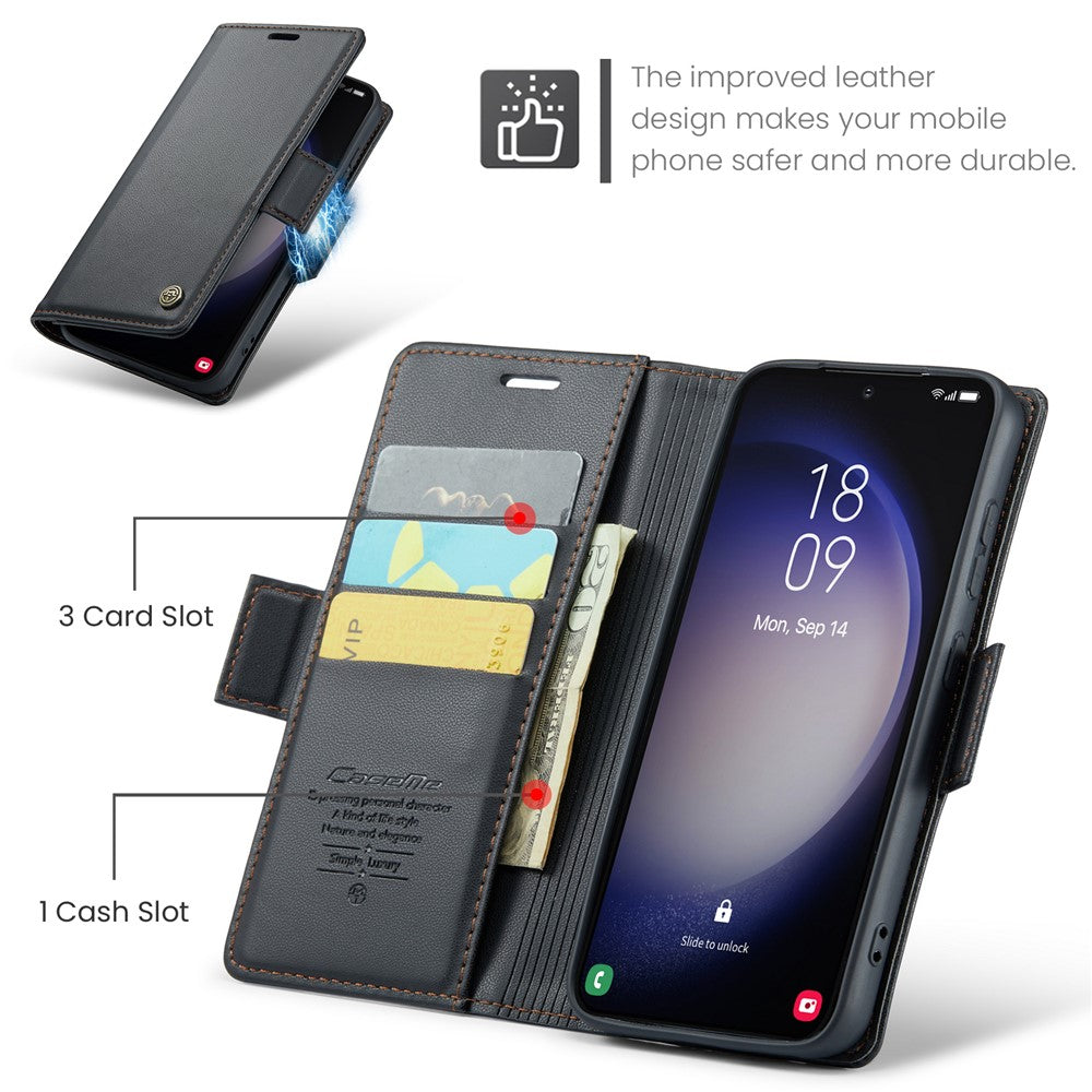 For Samsung Galaxy S23+ Leather Case CASEME 023 RFID Blocking 3 Card Slot Mobile Cover