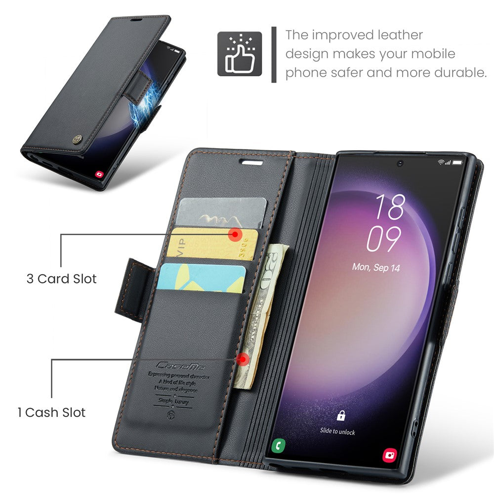 For Samsung Galaxy S23 Ultra Leather Case CASEME 023 RFID Blocking 3 Card Slot Mobile Cover