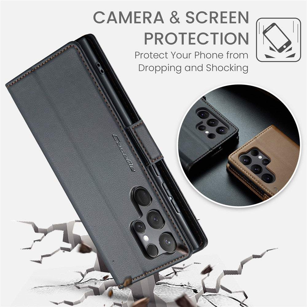 For Samsung Galaxy S23 Ultra Leather Case CASEME 023 RFID Blocking 3 Card Slot Mobile Cover