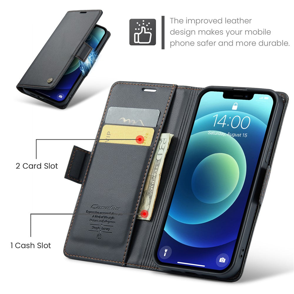 CASEME 023-serien standerpungcover til iPhone 12 mini, RFID-blokerende lædercover med litchi-tekstur