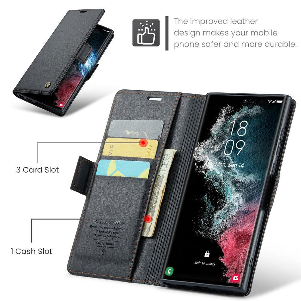 For Samsung Galaxy S22 Ultra 5G Leather Case CASEME 023 RFID Blocking 3 Card Slot Mobile Cover