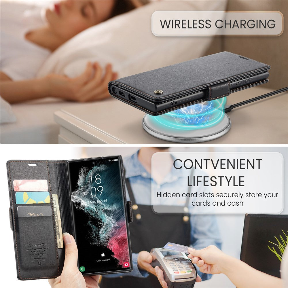 For Samsung Galaxy S22 Ultra 5G Leather Case CASEME 023 RFID Blocking 3 Card Slot Mobile Cover