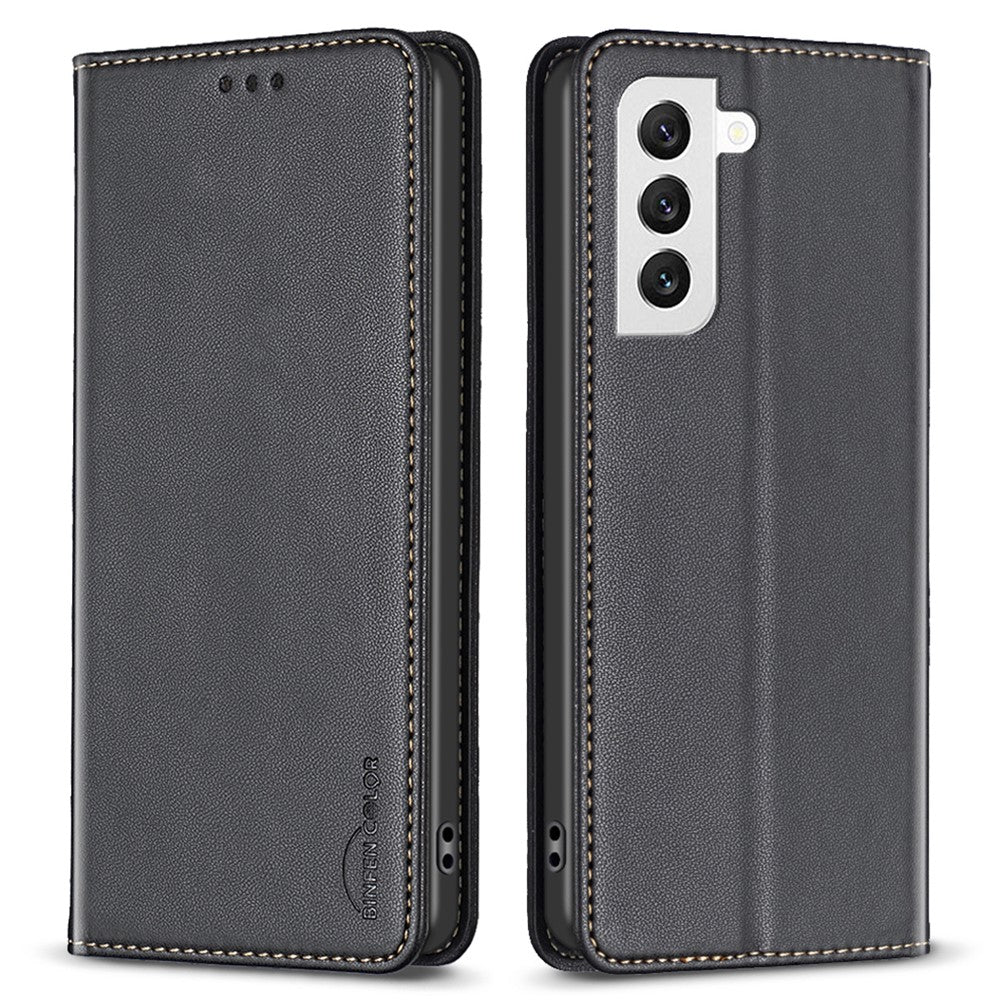 BINFEN COLOR BF18 til Samsung Galaxy S22 5G PU Læder Kortlomme Cover Stødsikkert Stativ Telefonetui