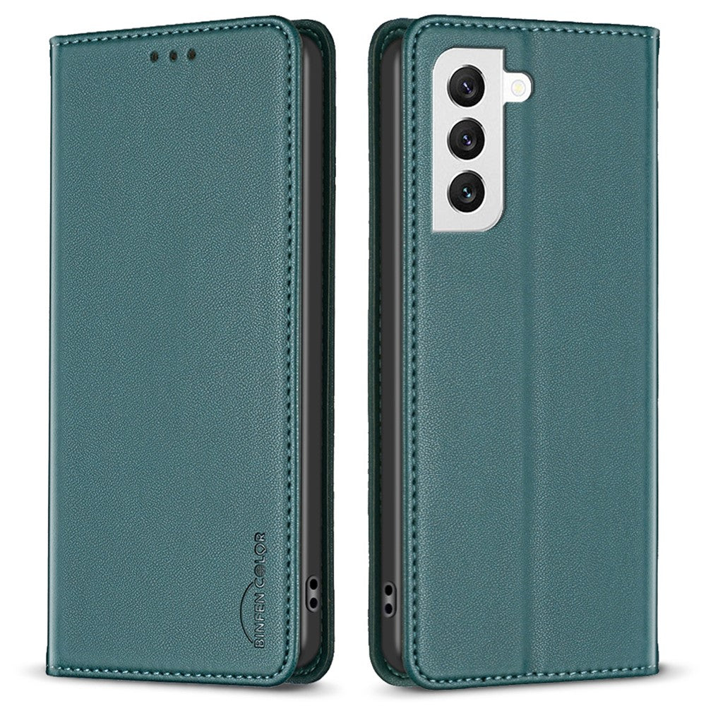 BINFEN COLOR BF18 til Samsung Galaxy S22 5G PU Læder Kortlomme Cover Stødsikkert Stativ Telefonetui
