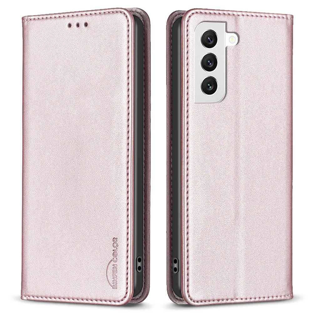 BINFEN COLOR BF18 til Samsung Galaxy S22 5G PU Læder Kortlomme Cover Stødsikkert Stativ Telefonetui