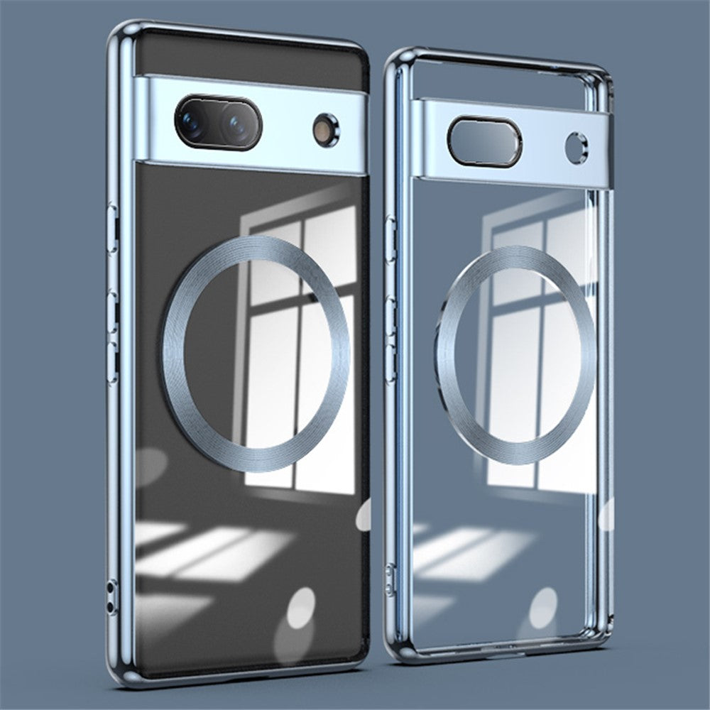 Magnetic Clear Case for Google Pixel 7a, TPU Electroplated Phone Cover with Lens Protector