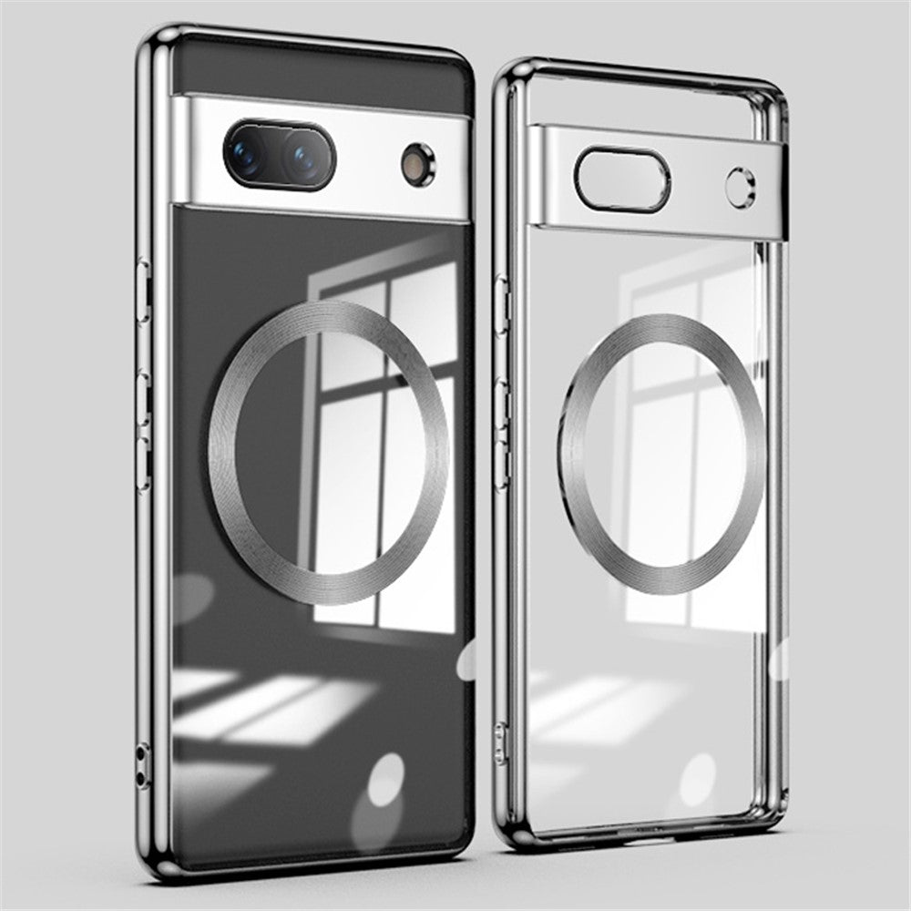 Magnetic Clear Case for Google Pixel 7a, TPU Electroplated Phone Cover with Lens Protector
