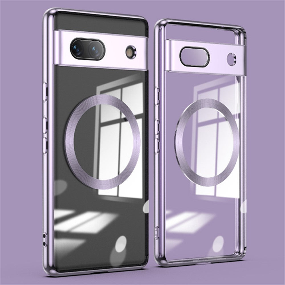 Magnetic Clear Case for Google Pixel 7a, TPU Electroplated Phone Cover with Lens Protector