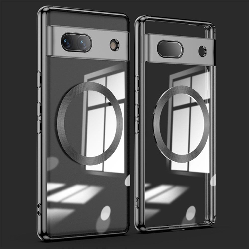 Magnetic Clear Case for Google Pixel 7a, TPU Electroplated Phone Cover with Lens Protector