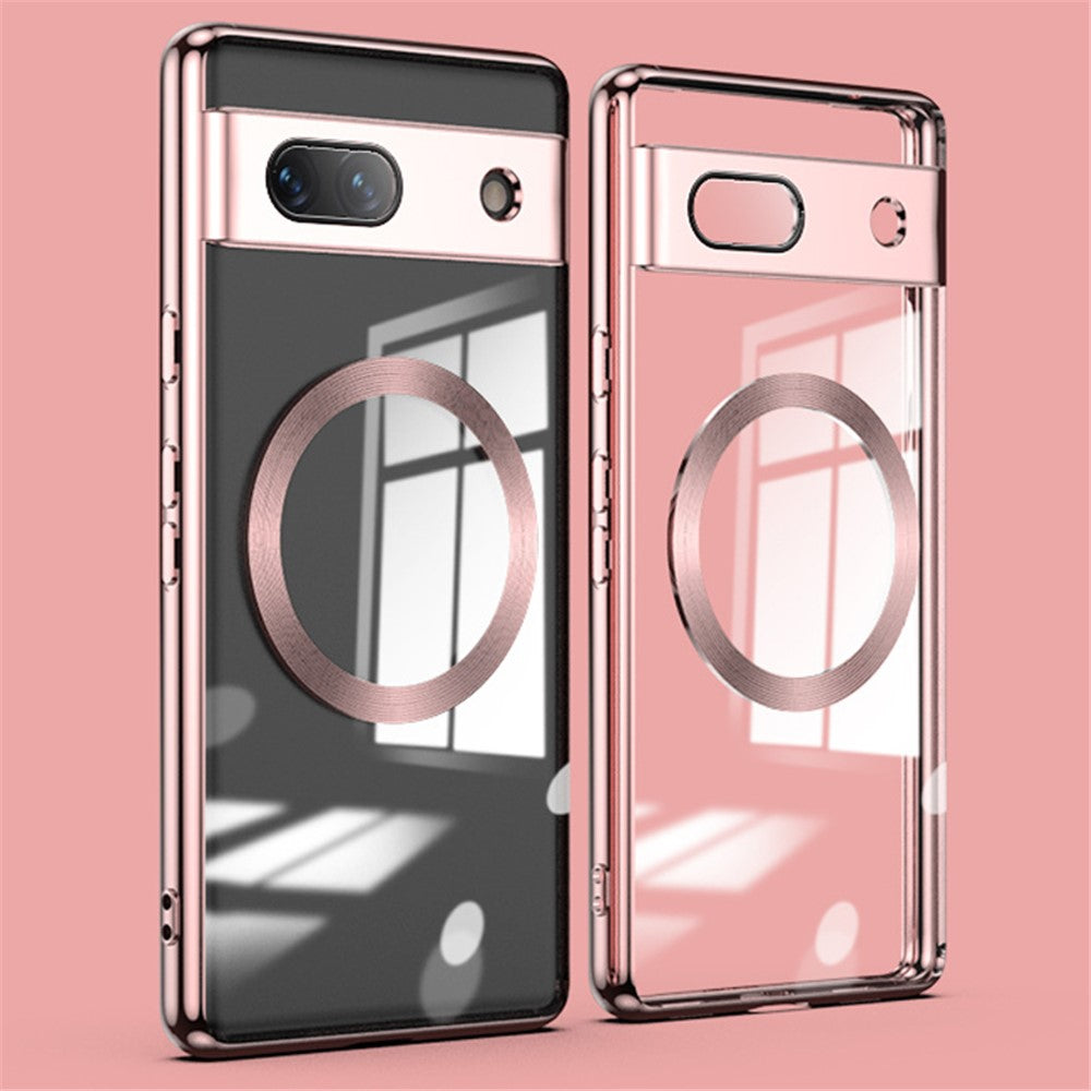 Magnetic Clear Case for Google Pixel 7a, TPU Electroplated Phone Cover with Lens Protector