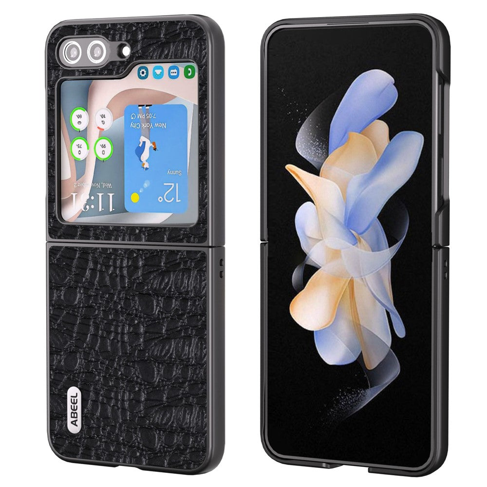 ABEEL For Samsung Galaxy Z Flip5 5G Genuine Cow Leather Coated PC Phone Case Textured Anti-Slip Cover