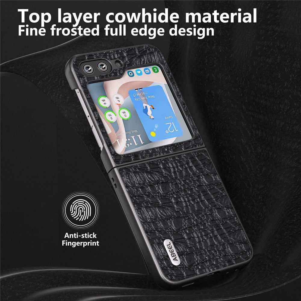 ABEEL For Samsung Galaxy Z Flip5 5G Genuine Cow Leather Coated PC Phone Case Textured Anti-Slip Cover