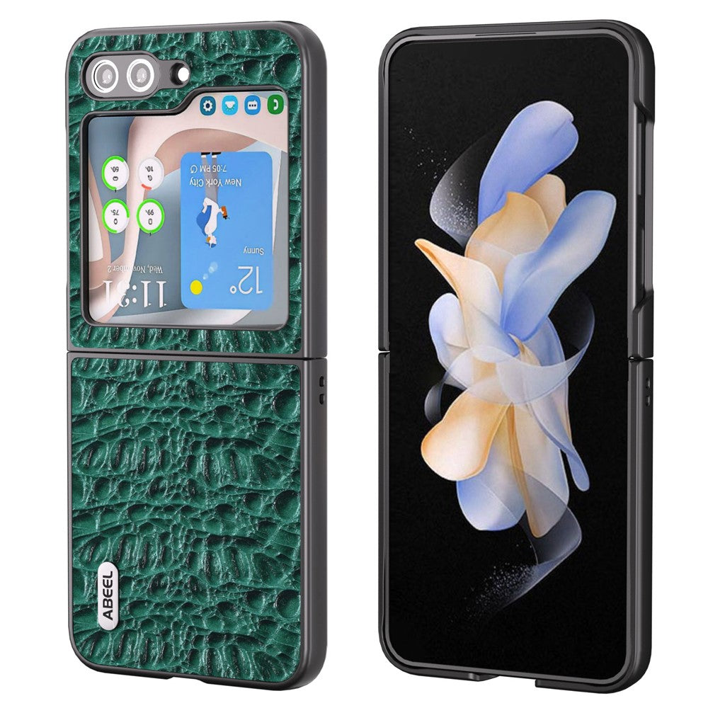 ABEEL For Samsung Galaxy Z Flip5 5G Genuine Cow Leather Coated PC Phone Case Textured Anti-Slip Cover