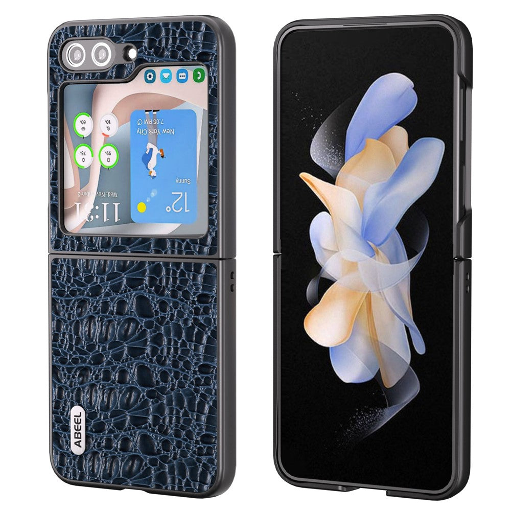 ABEEL For Samsung Galaxy Z Flip5 5G Genuine Cow Leather Coated PC Phone Case Textured Anti-Slip Cover