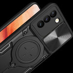 For Samsung Galaxy S21+ 5G Rotatable Ring Kickstand Cover PC + TPU Phone Case with Slide Camera Lid