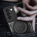 For Samsung Galaxy S21+ 5G Rotatable Ring Kickstand Cover PC + TPU Phone Case with Slide Camera Lid