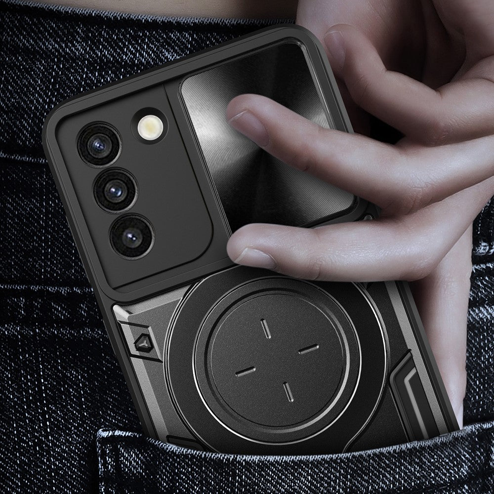 For Samsung Galaxy S21+ 5G Rotatable Ring Kickstand Cover PC + TPU Phone Case with Slide Camera Lid