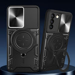 For Samsung Galaxy S21+ 5G Rotatable Ring Kickstand Cover PC + TPU Phone Case with Slide Camera Lid
