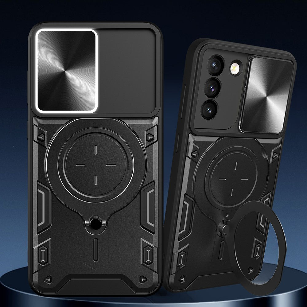 For Samsung Galaxy S21+ 5G Rotatable Ring Kickstand Cover PC + TPU Phone Case with Slide Camera Lid
