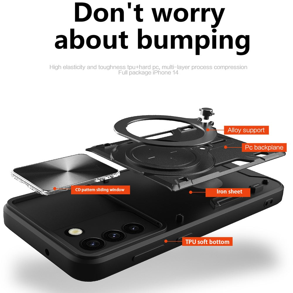 For Samsung Galaxy S21+ 5G Rotatable Ring Kickstand Cover PC + TPU Phone Case with Slide Camera Lid