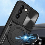 For Samsung Galaxy S21+ 5G Rotatable Ring Kickstand Cover PC + TPU Phone Case with Slide Camera Lid