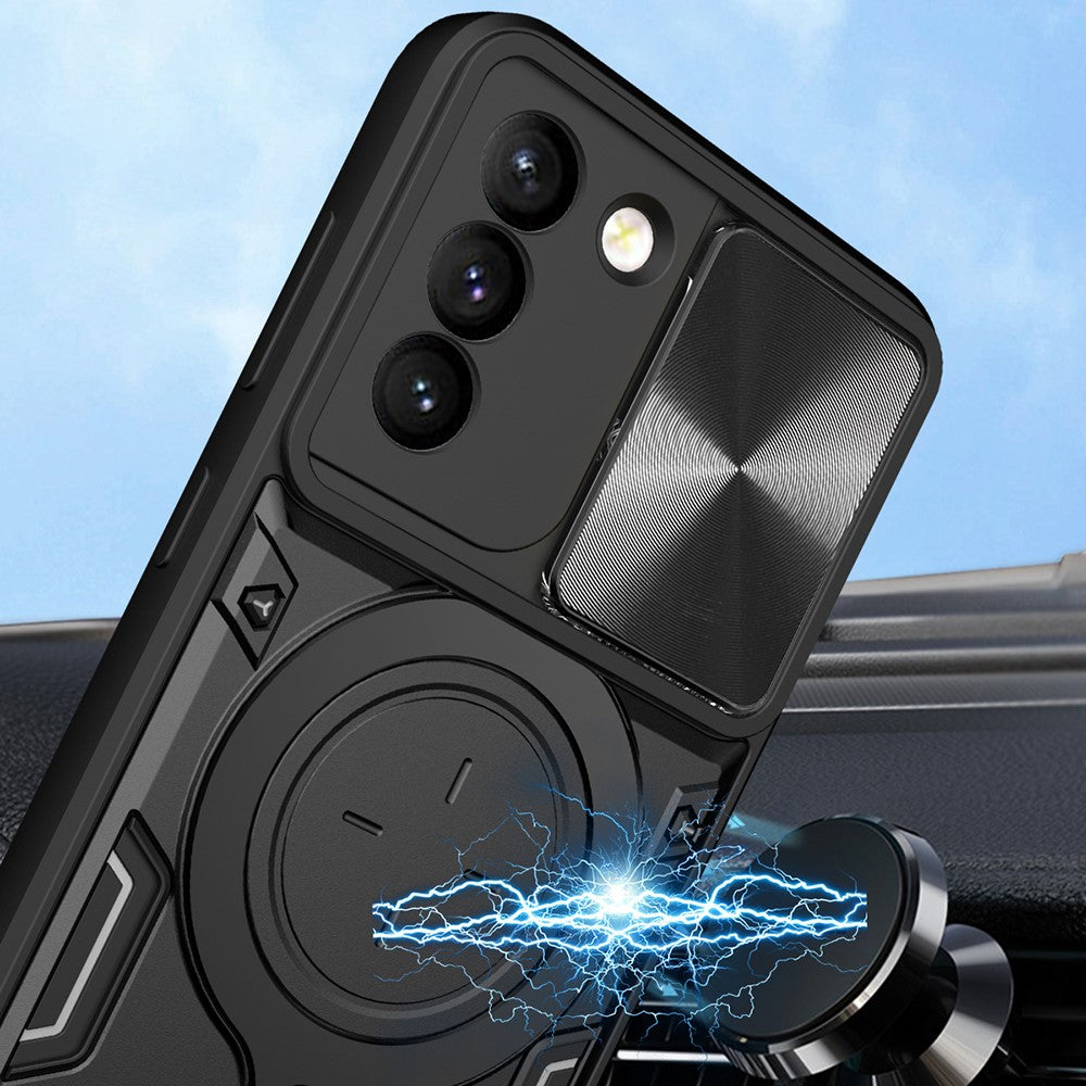 For Samsung Galaxy S21+ 5G Rotatable Ring Kickstand Cover PC + TPU Phone Case with Slide Camera Lid