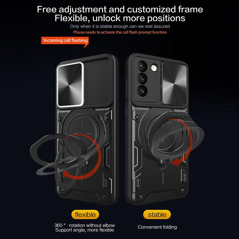 For Samsung Galaxy S21+ 5G Rotatable Ring Kickstand Cover PC + TPU Phone Case with Slide Camera Lid