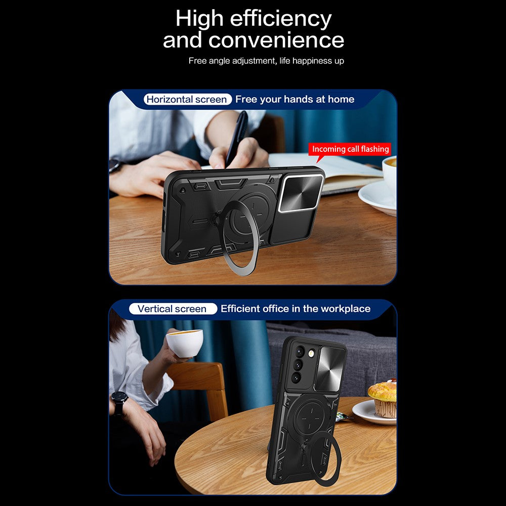 For Samsung Galaxy S21+ 5G Rotatable Ring Kickstand Cover PC + TPU Phone Case with Slide Camera Lid