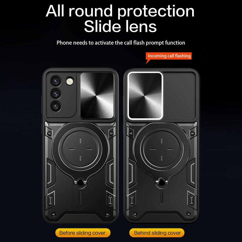 For Samsung Galaxy S21+ 5G Rotatable Ring Kickstand Cover PC + TPU Phone Case with Slide Camera Lid
