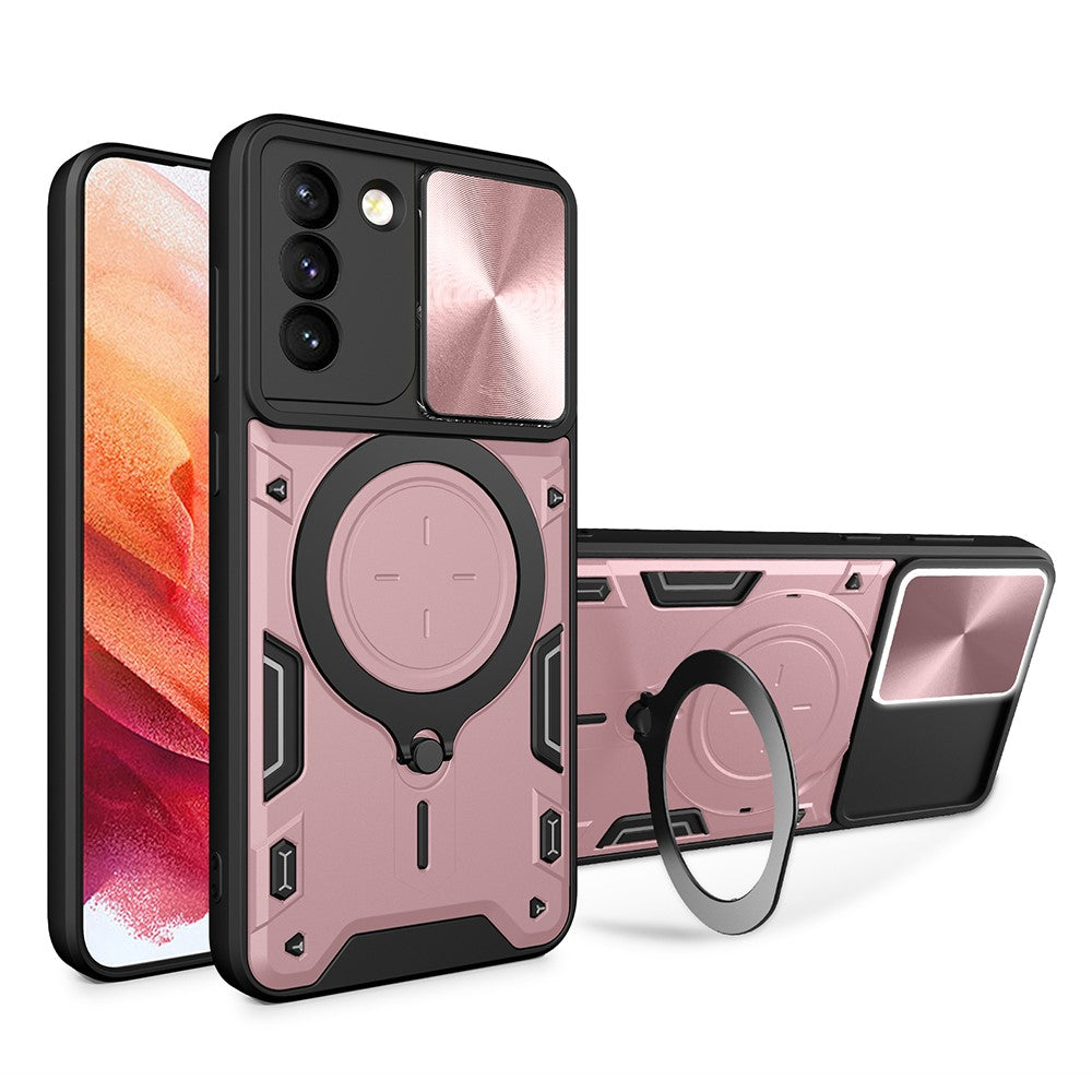 For Samsung Galaxy S21+ 5G Rotatable Ring Kickstand Cover PC + TPU Phone Case with Slide Camera Lid