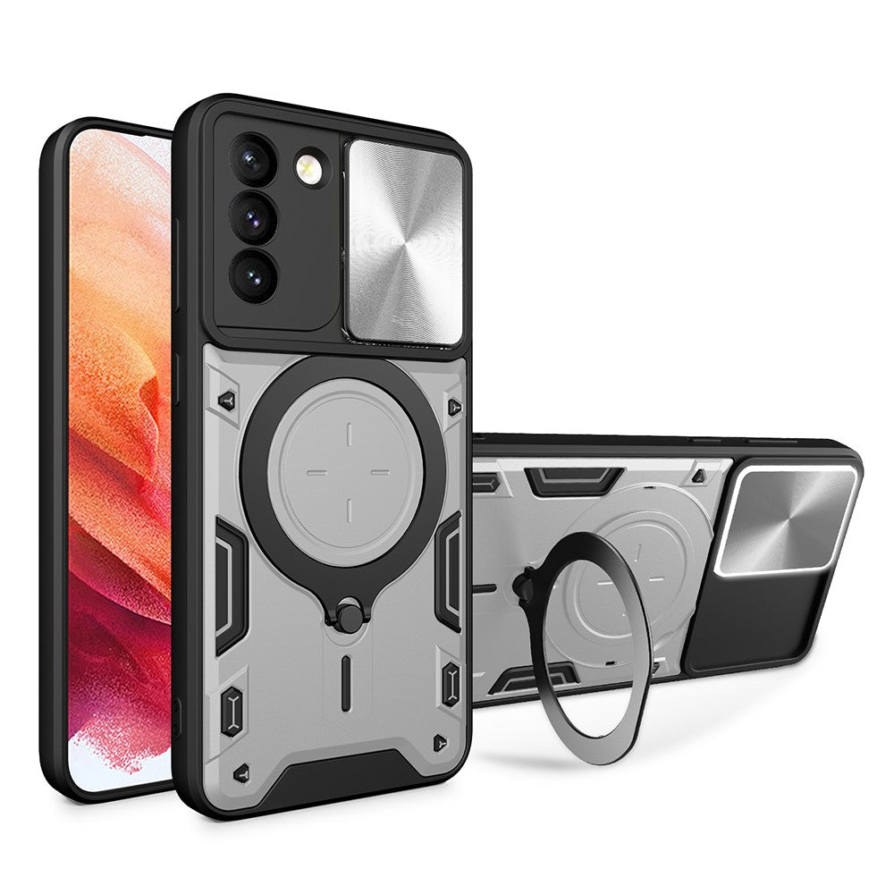 For Samsung Galaxy S21+ 5G Rotatable Ring Kickstand Cover PC + TPU Phone Case with Slide Camera Lid