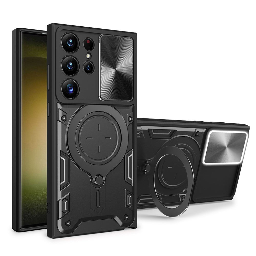 For Samsung Galaxy S22 Ultra 5G Slide Camera Lid PC + TPU Back Cover Rotatable Ring Kickstand Phone Case