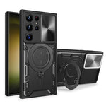 For Samsung Galaxy S22 Ultra 5G Slide Camera Lid PC + TPU Back Cover Rotatable Ring Kickstand Phone Case
