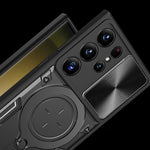 For Samsung Galaxy S22 Ultra 5G Slide Camera Lid PC + TPU Back Cover Rotatable Ring Kickstand Phone Case