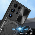 For Samsung Galaxy S22 Ultra 5G Slide Camera Lid PC + TPU Back Cover Rotatable Ring Kickstand Phone Case