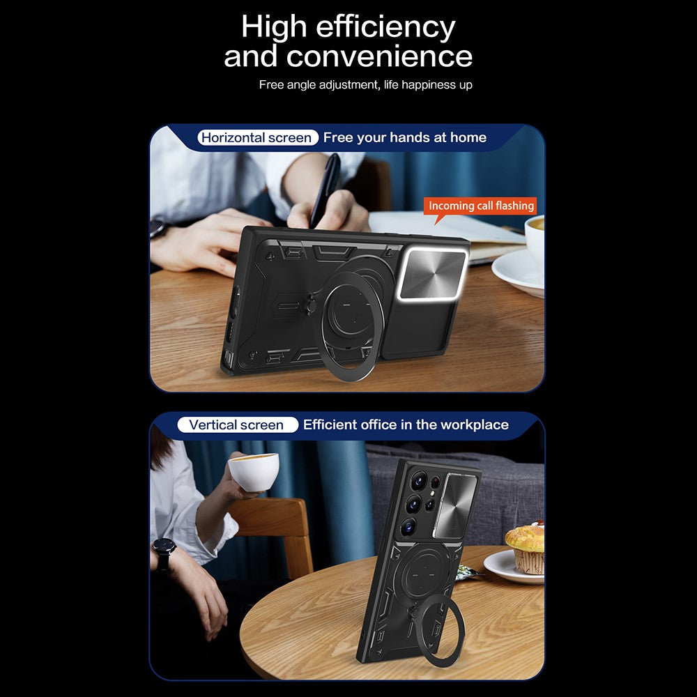 For Samsung Galaxy S22 Ultra 5G Slide Camera Lid PC + TPU Back Cover Rotatable Ring Kickstand Phone Case