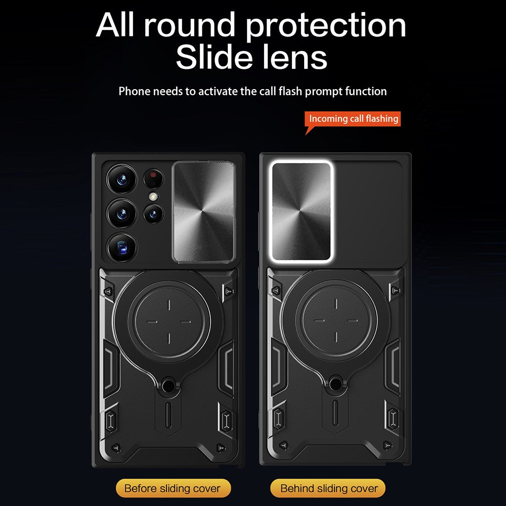 For Samsung Galaxy S22 Ultra 5G Slide Camera Lid PC + TPU Back Cover Rotatable Ring Kickstand Phone Case