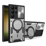 For Samsung Galaxy S22 Ultra 5G Slide Camera Lid PC + TPU Back Cover Rotatable Ring Kickstand Phone Case