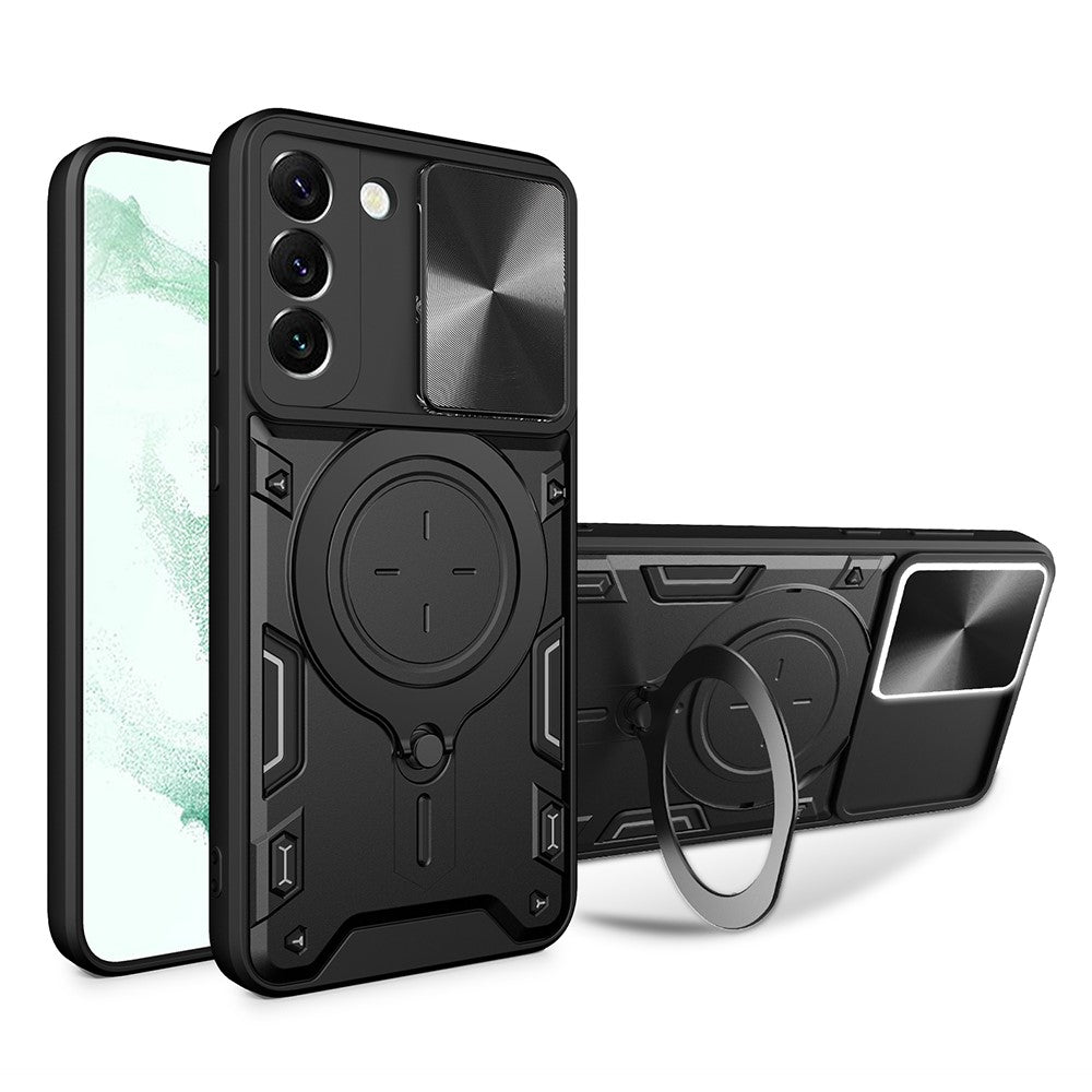 For Samsung Galaxy S22+ 5G Free Rotation Kickstand Phone Cover Slide Camera Lid PC + TPU Anti-drop Case