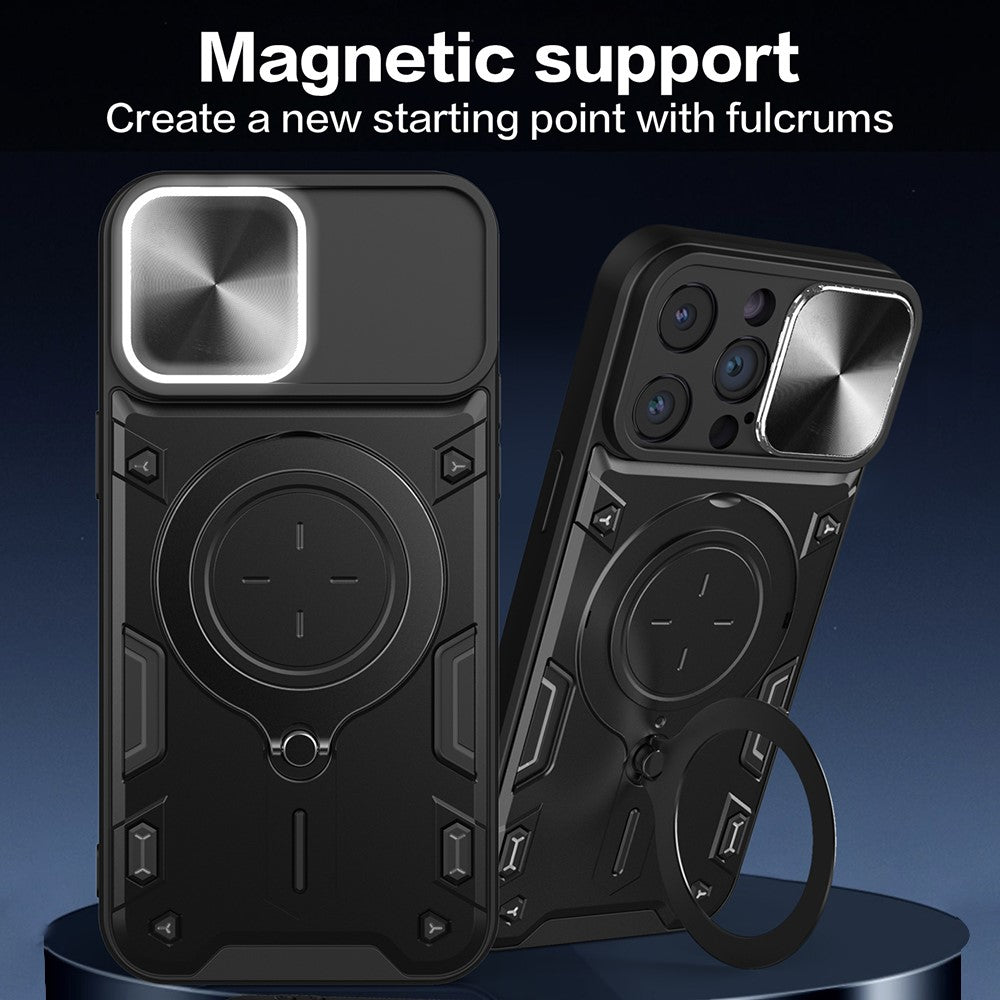For iPhone 12 Pro Max 6.7 inch Slide Camera Lid Back Case Free Rotation Kickstand PC + TPU Phone Cover