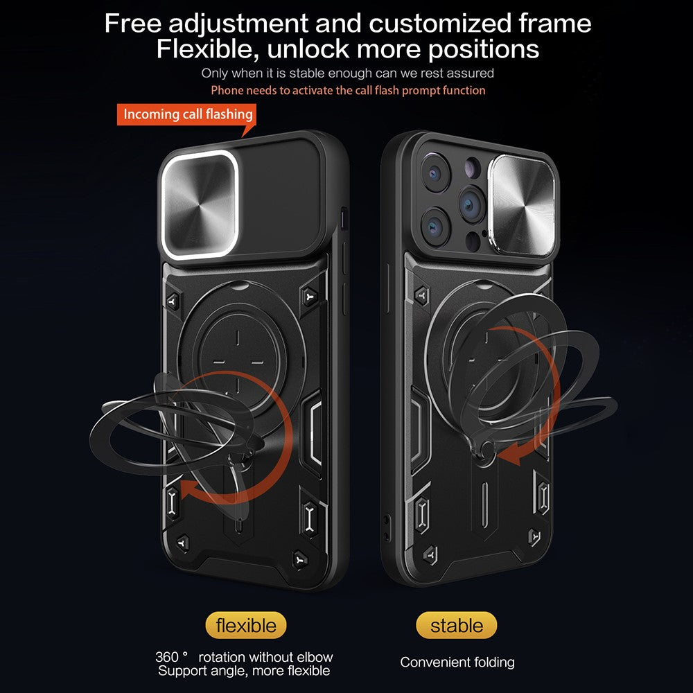 For iPhone 12 Pro Max 6.7 inch Slide Camera Lid Back Case Free Rotation Kickstand PC + TPU Phone Cover