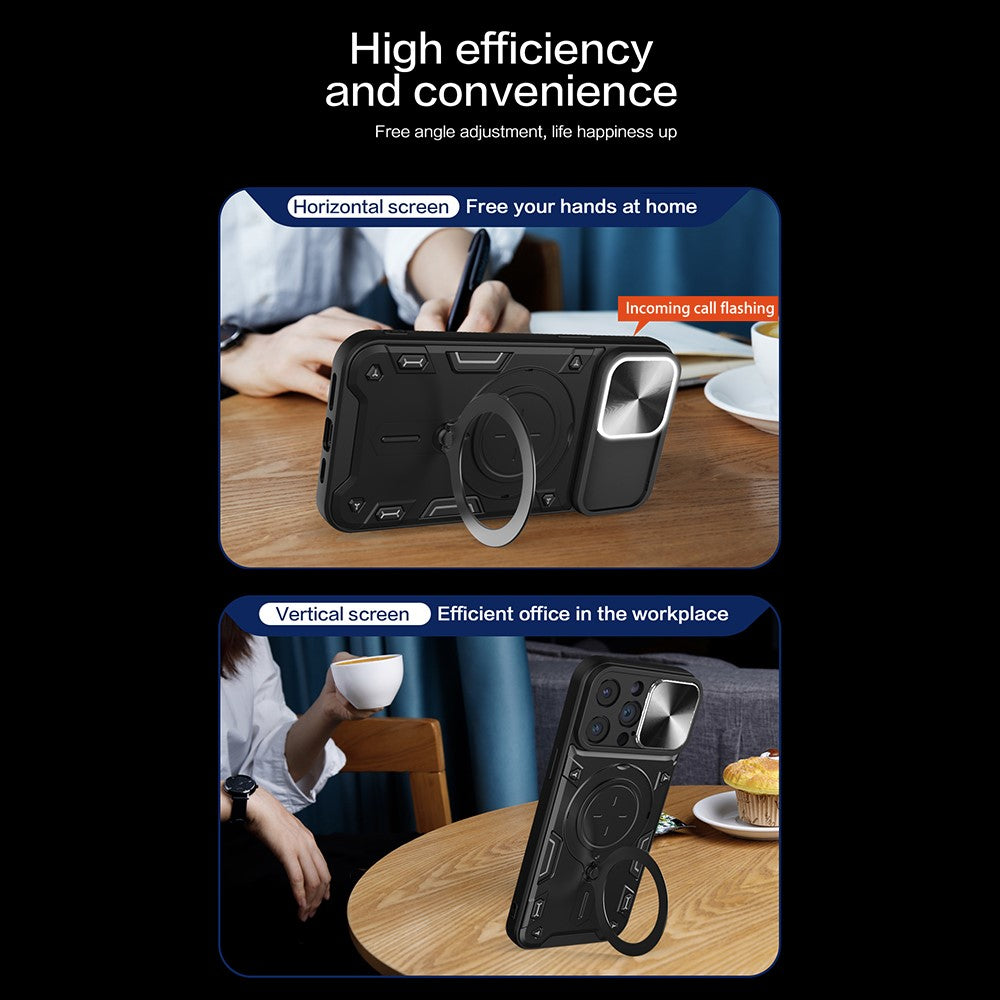 For iPhone 12 Pro Max 6.7 inch Slide Camera Lid Back Case Free Rotation Kickstand PC + TPU Phone Cover