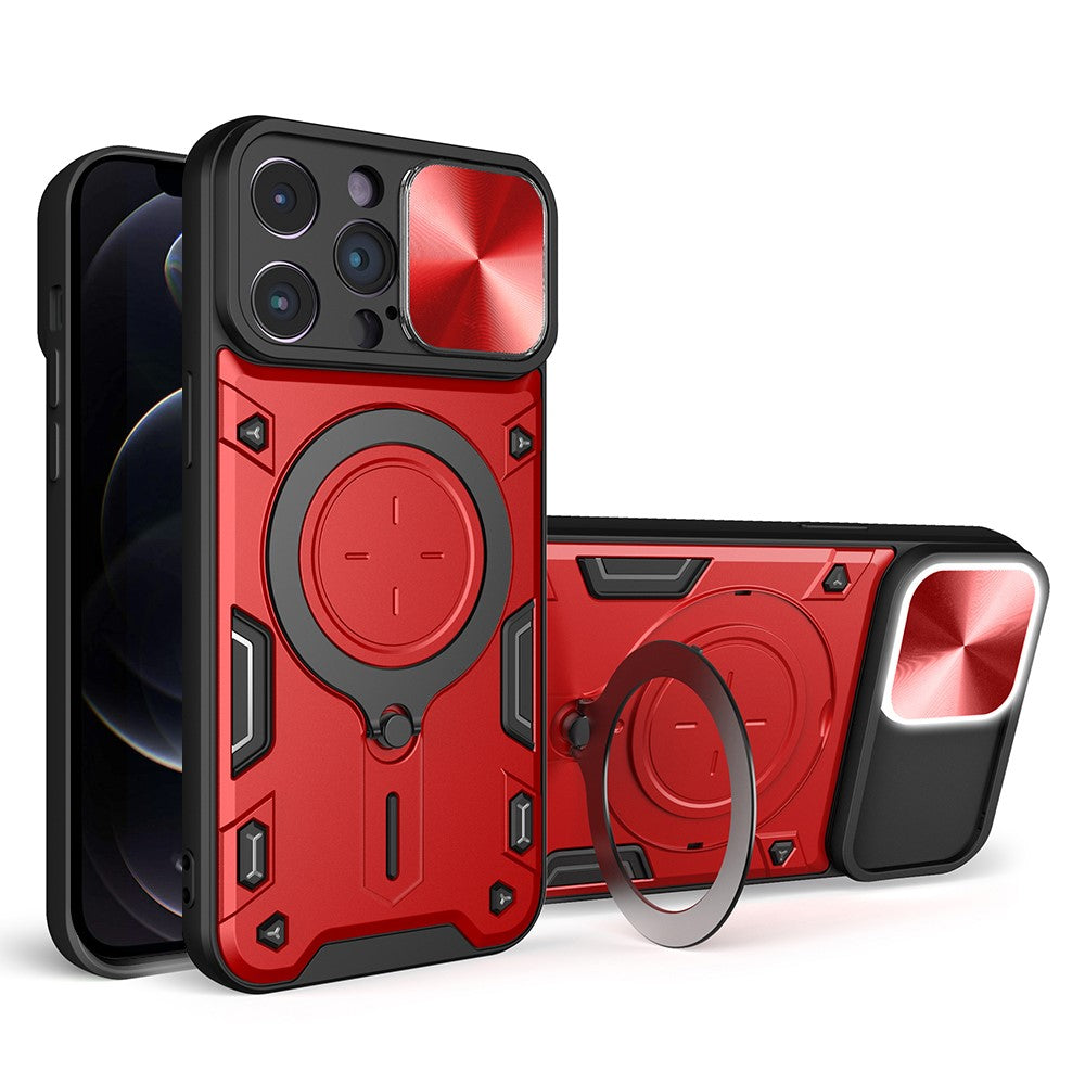 For iPhone 12 Pro Max 6.7 inch Slide Camera Lid Back Case Free Rotation Kickstand PC + TPU Phone Cover