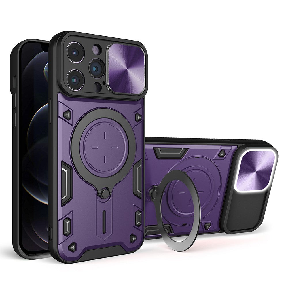 For iPhone 12 Pro Max 6.7 inch Slide Camera Lid Back Case Free Rotation Kickstand PC + TPU Phone Cover