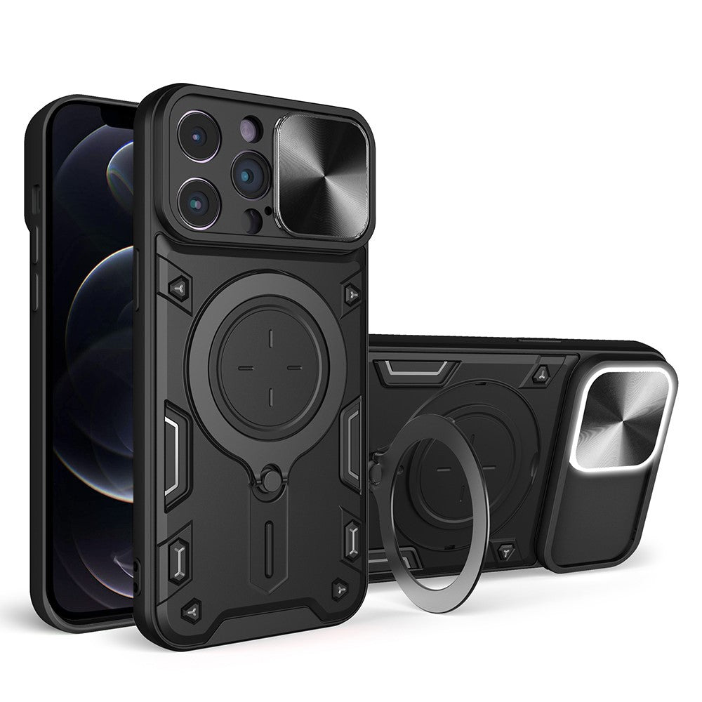 For iPhone 12 Pro 6.1 inch Slide Camera Lid Anti-scratch Cover Rotatable Kickstand PC + TPU Phone Case