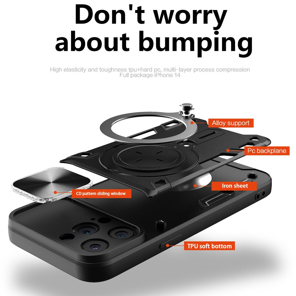 For iPhone 12 Pro 6.1 inch Slide Camera Lid Anti-scratch Cover Rotatable Kickstand PC + TPU Phone Case