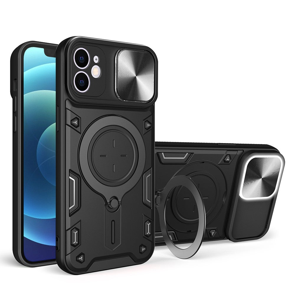 Til iPhone 12 6,1 tommer Kameraskyder Telefoncover Roterbar Stander PC + TPU Stødsikkert Cover