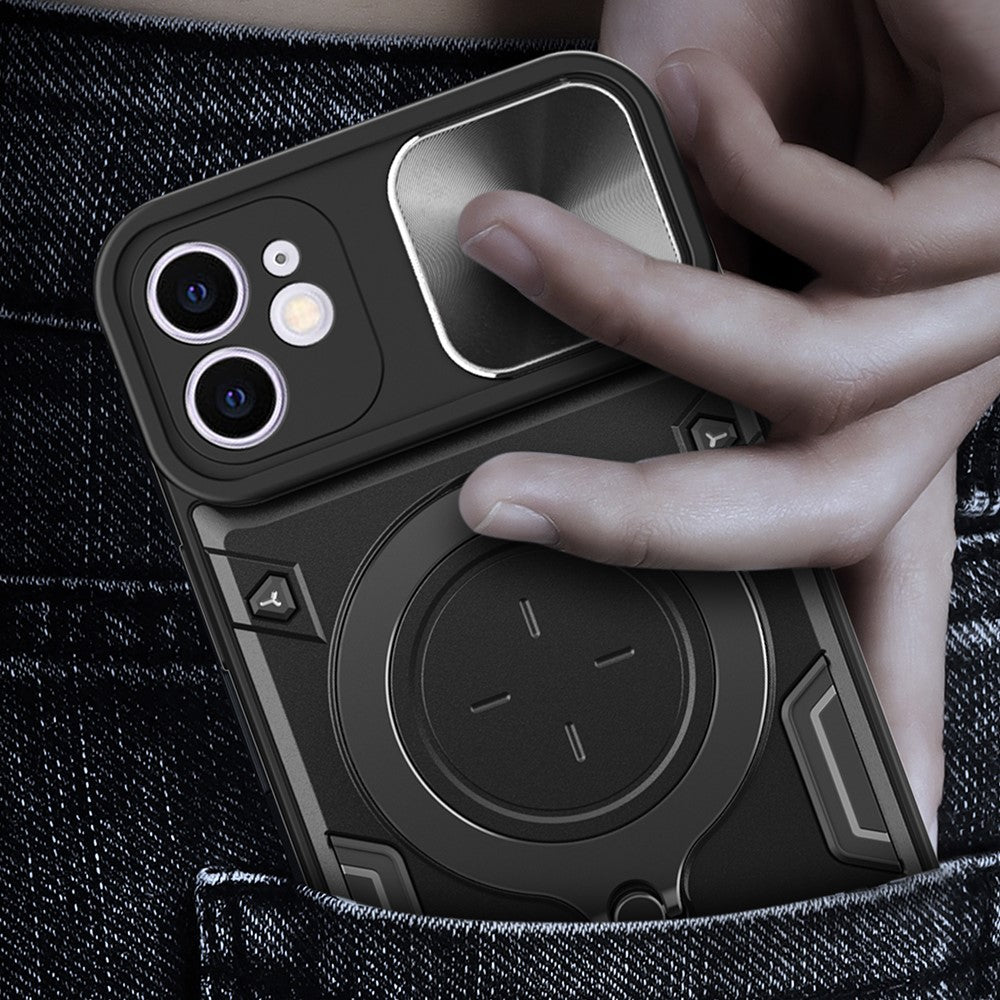 Til iPhone 12 6,1 tommer Kameraskyder Telefoncover Roterbar Stander PC + TPU Stødsikkert Cover